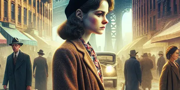 A young Irish woman stands contemplatively in bustling 1950s Brooklyn, surrounded by iconic architecture and vibrant street life.