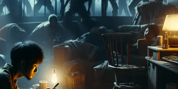 A young man trapped in a dim apartment, surrounded by chaos, facing looming zombie shadows outside.