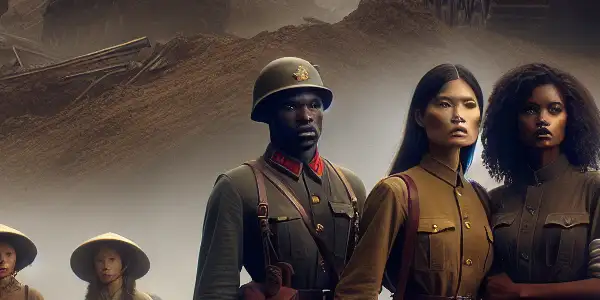 A tense 1949 battlefield scene depicting the clash between Nationalist and People's Liberation Army soldiers amid war-torn chaos.