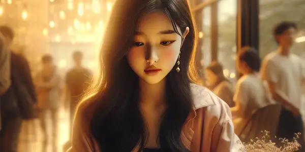A young woman resembling Airi Kijima writes in a diary at a cozy café, surrounded by a bustling city.