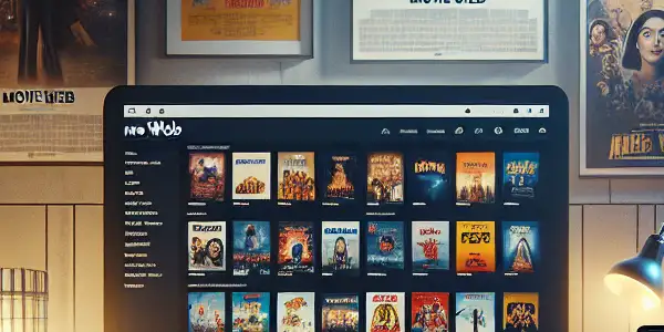 A cozy home setup featuring a sleek computer screen displaying a modern online movie platform with vibrant film posters.