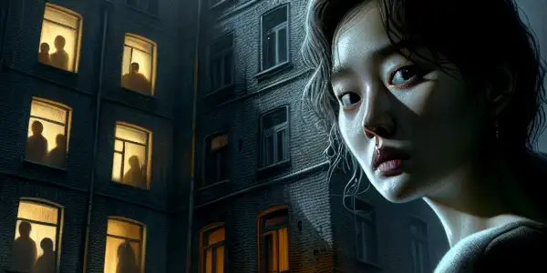 A woman stands at the entrance of a dilapidated apartment building, surrounded by mist and shadowy figures.