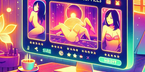 A cozy room with a computer interface showcasing safe Japanese adult films and privacy features.