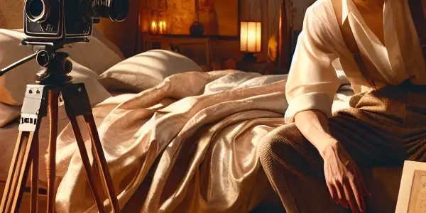 A stylish bedroom scene featuring a model posing playfully with a vintage camera, reflecting Japanese AV selfie culture.