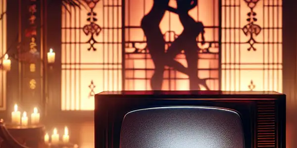 A dimly lit room featuring a vintage TV displaying a classic AV film, surrounded by film reels and elegant silhouettes.