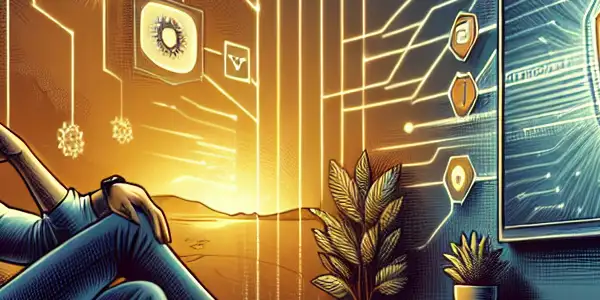 A cozy living room scene with a person watching a film, emphasizing digital safety and a clean, organized environment.